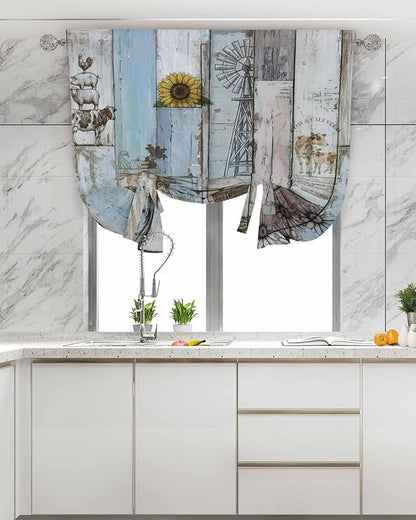 Tie Up Curtains for Windows, Blue Grey Wooden Adjustable Balloon Nature Linen Textured Kitchen Curtain, Farmhouse Barn Sunflowers Retro Thermal Insulated Curtains for Window, 42" x 54"