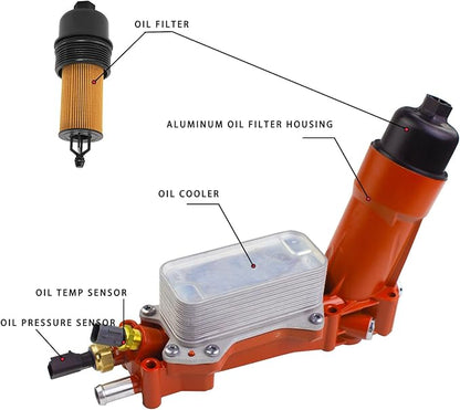 926-959 Aluminum Engine Oil Filter Housing Oil Cooler Kit with Gaskets & Sensors Compatible with 2011-2016 Chrysler Charger Challenger Journey Wrangler Ram Promaster 3.6L (Red)