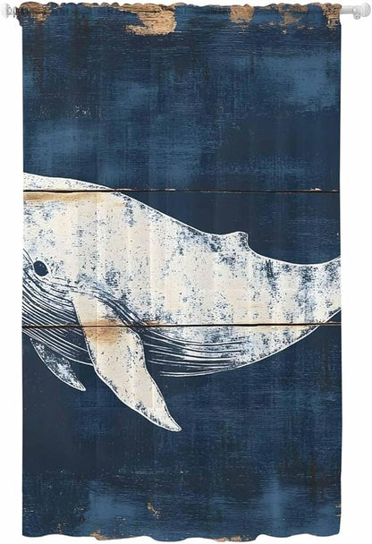 Sheer Curtains 84 Inches Long, Ocean Whale Blue Semi Sheer Curtains Light Filtering Window Treatment, Coastal Vintage Wooden Grain Privacy Voile Drapes for Living Room Bedroom 52x84 Inch