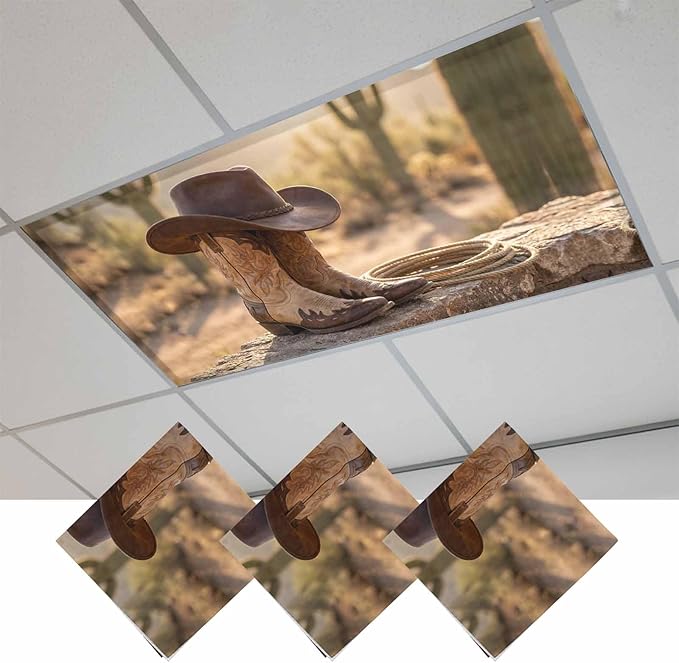3 Pack Fluorescent Light Cover, Cowboy Western Light Covers for Ceiling Lights, Cowboy Hats Boots Desert Cacti Vintage Magnetic Lights Filters Ceiling Shade for Classroom/Office - 4 x 2 Feet