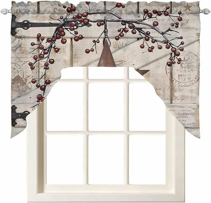 Village Stars Swag Kitchen Curtains Valance and Tier Set, Vintage Rust Yellow Star Berry Beige Barn Doors Light-Filtering Swag Valance, Rod Pocket Short Curtain for Bedroom Cafe, 56x36 inches