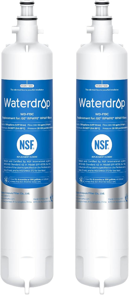 Waterdrop WD-F19C Replacement for GE® RPWFE®, RPWF (with CHIP) Refrigerator Water Filter, Compatible with GFE28GBLTS, GFE28GGKBB, GFE28GSKSS, PFE28KSKSS, PFE28KMKES, 2 Filters Package May Vary