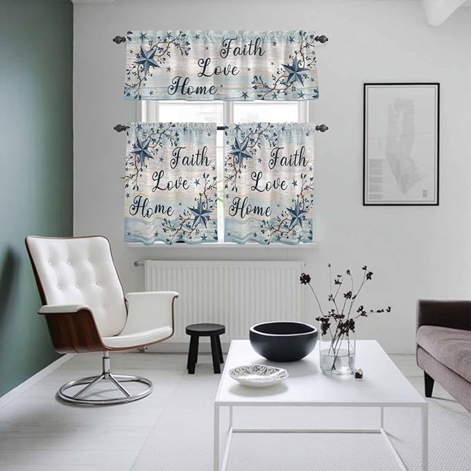 Vintage Farmhouse Kitchen Curtains Set 3 Piece for Windows, Rod Pocket Valance and Tier Set 24 Inch Length, Blue Country Texas Star Vines Wooden Light Filtering Cafe Curtains for Living Room Bathroom