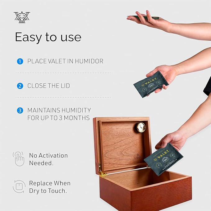 Valet 84% Two-Way Humidity Packs for Wood Containers, 12-Pack, 60g Each, Humidifier Pack Prevents Leaks and Controls Moisture with Natural Craft Paper Design