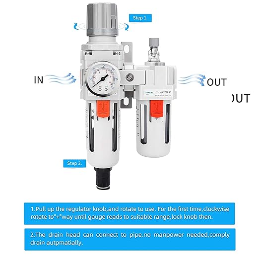 NANPU 1/2" NPT Auto-Drain Air Filter Regulator Lubricator Combo (FRL) Water/Oil Trap Separator - Gauge(0-150 psi), 5 Micron Brass Element, Poly Bowl, Metal Bracket