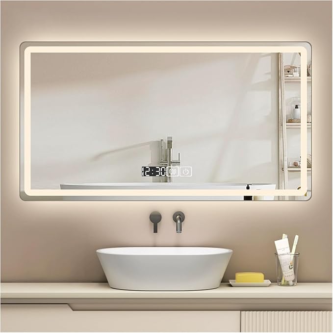Backlit LED Illuminated Bathroom Mirror with LED Lights, Lighted Bathroom Makeup Wall Mounted Mirror with Demister Pad, Sensor Touch Switch, Horizontal/Vertical(B,H50*W70CM/H19.6*W27.5IN)