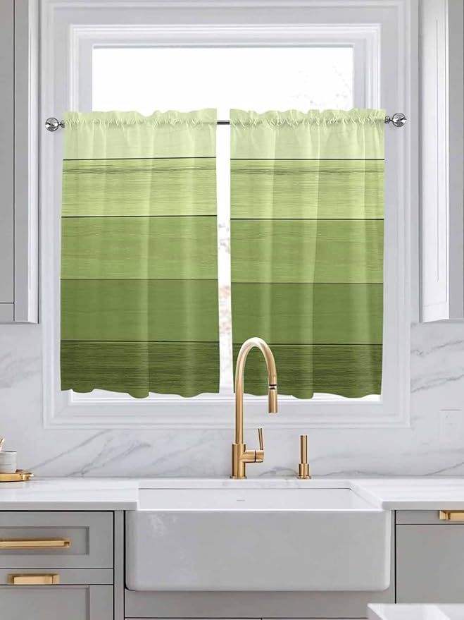 Gradient Green Wooden Board Window Valance Curtains, Retro Country Wood Grain Light Filtering Kitchen Valance with 3-inch Rod Pocket for Living Room Bathroom Bedroom,2 Panel,27.5x45In