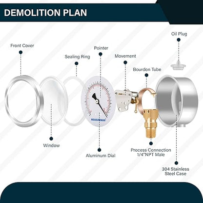 MEASUREMAN 2-1/2" dial,Glycerin Filled, Stainless Steel case, Brass Inside, 30inHg/-100kpa-0,1/4" NPT Lower Mount
