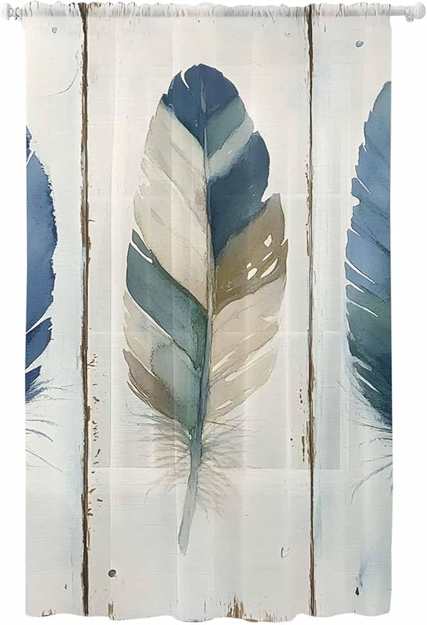 Sheer Curtains 108 Inches Long, Boho Blue Feathers Semi Sheer Curtains Light Filtering Window Treatment, Farmhouse Vintage Wooden Grain Privacy Voile Drapes for Living Room Bedroom 52x108 Inch