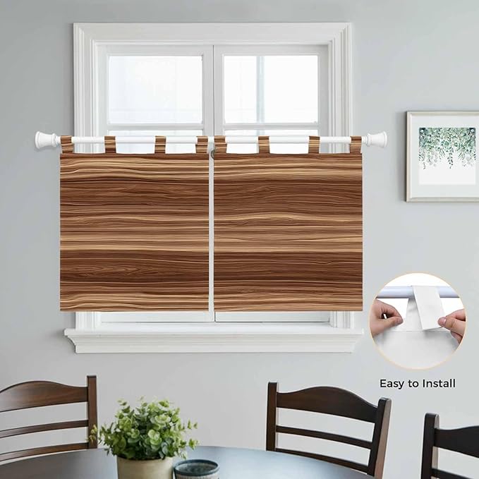 Brown Western Kitchen Curtains 36 Inch Length, Small Window Curtains Tab Top, Vintage Farmhouse Wood Barn Door Light Filtering Short Window Treatments Tier Drapes 27.5"x36" 2 Panel