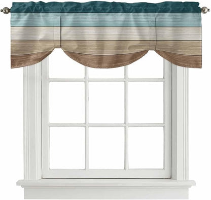 Teal Brown Tie Up Valance Curtains for Windows, Kitchen Curtains Window Shades, Farmhouse Vintage Abstract Wooden Grain Light Filtering Roman Curtain Valances for Bedroom/Bathroom/Cafe 42"x18"