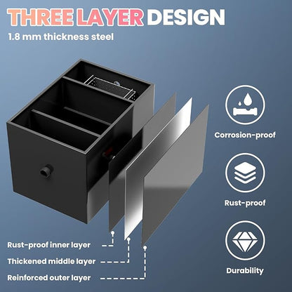 Commercial Grease Interceptor - 23.6x15.7x18in Carbon Steel Grease Trap with Inlet/Drainage Pipeline, Oil Water Separator for Home Kitchen Restaurant Food Processing Plant Wastewater