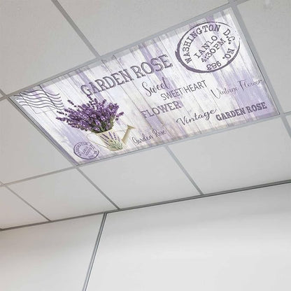Fluorescent Light Covers for Ceiling Lights Lavender Flower Magnetic Light Filters 1 Pack 4x2 ft Watering Can Purple Old Postcard Wood Ceiling Lights Cover for Classroom Office School Drop Lamp Decor