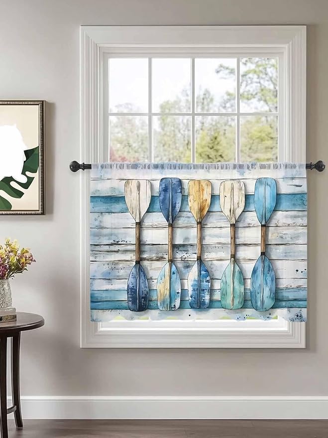 Sheer Curtains 45 Inch Length, Lake Paddle Striped Semi Sheer Curtains Light Filtering Window Treatment, Watercolor Vintage Wood Grain Privacy Voile Drapes for Living Room Bedroom 52x45 Inch