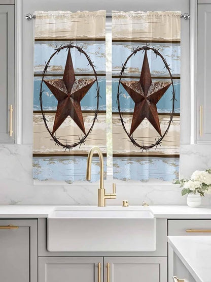 Vintage Western Star on Wood Grain Window Valance Curtains, Retro Wooden Texture Light Filtering Kitchen Valance with 3-inch Rod Pocket for Living Room Bathroom Bedroom,2 Panel,42x63In