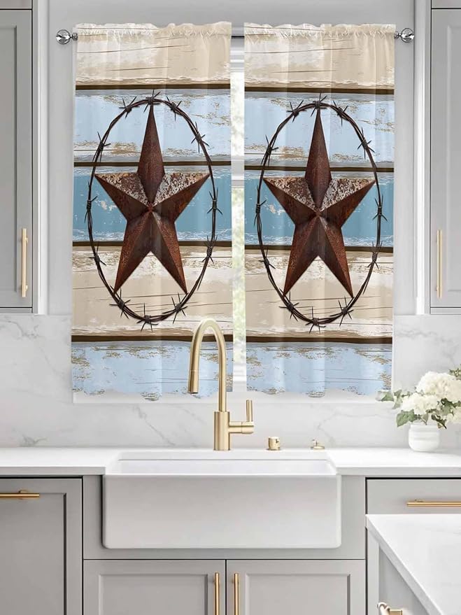 Vintage Western Star on Wood Grain Window Valance Curtains, Retro Wooden Texture Light Filtering Kitchen Valance with 3-inch Rod Pocket for Living Room Bathroom Bedroom,2 Panel,52x72In
