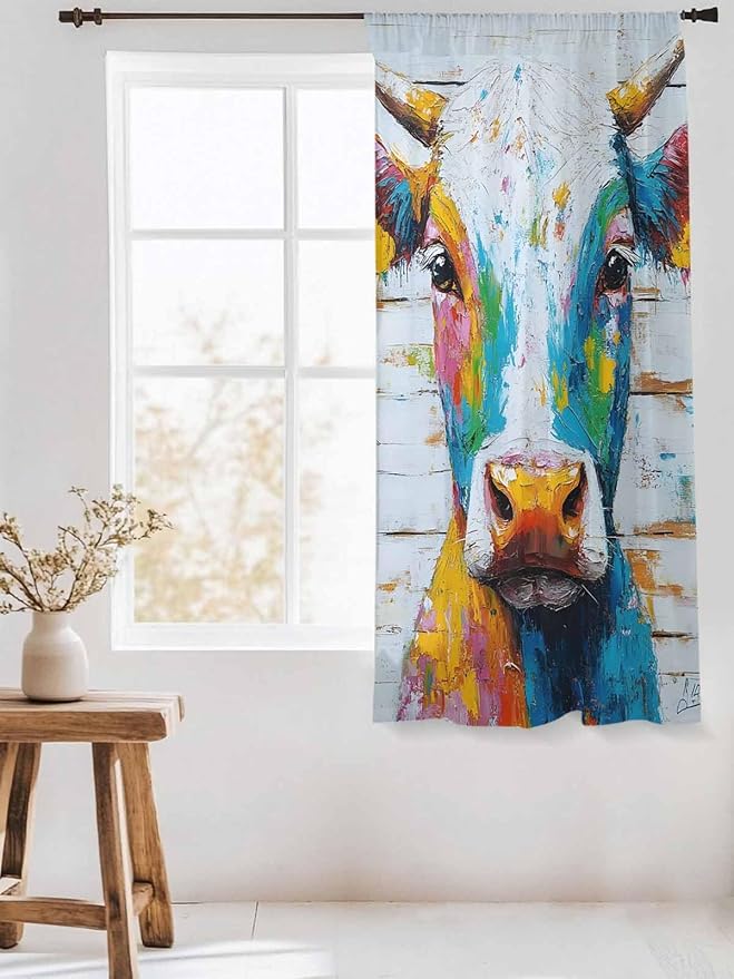 Sheer Curtains 72 Inches Long, Funny Colorful Cow Semi Sheer Curtains Light Filtering Window Treatment, Retro Rustic Oil Painting Wood Grain Privacy Voile Drapes for Living Room Bedroom 52x72 Inch