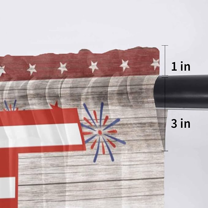 4th of July Sheer Valances for Windows 60"x18", Light Filtering Kitchen Curtains Valance, Stars Striped Farmhouse American Flag Wood Grain Rod Pocket Chiffon Curtains for Living Room Bedroom Cafe