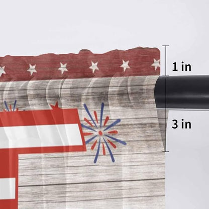 4th of July Sheer Valances for Windows 60"x18", Light Filtering Kitchen Curtains Valance, Stars Striped Farmhouse American Flag Wood Grain Rod Pocket Chiffon Curtains for Living Room Bedroom Cafe