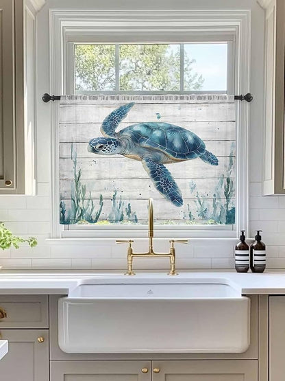 Sheer Curtains 45 Inch Length, Teal Green Ocean Turtle Semi Sheer Curtains Light Filtering Window Treatment, Coastal Seaweed Wood Grain Privacy Voile Drapes for Living Room Bedroom 52x45 Inch