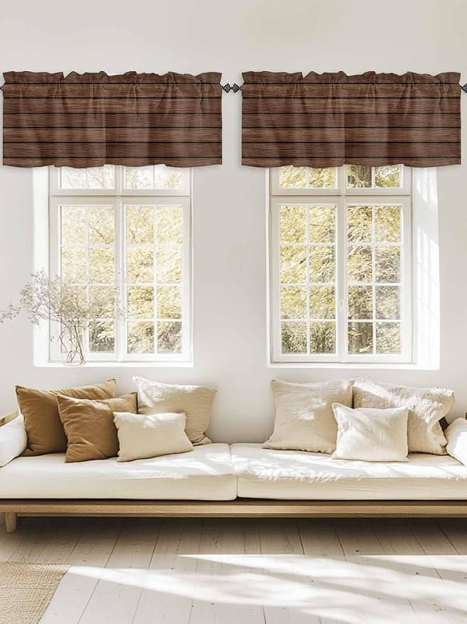 2 Pack Kitchen Valance for Windows, Farm Brown Wood Board Light Filtering Rod Pocket Valances Short Curtain, Vintage Farmhouses Barn Window Curtain for Bedroom Bathroom Living Room 42x12in