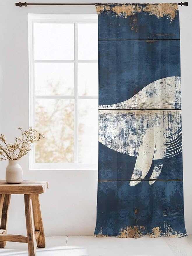 Sheer Curtains 84 Inches Long, Ocean Whale Blue Semi Sheer Curtains Light Filtering Window Treatment, Summer Sea Vintage Wooden Grain Privacy Voile Drapes for Living Room Bedroom 52x84 Inch