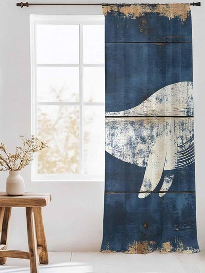 Sheer Curtains 84 Inches Long, Ocean Whale Blue Semi Sheer Curtains Light Filtering Window Treatment, Summer Sea Vintage Wooden Grain Privacy Voile Drapes for Living Room Bedroom 52x84 Inch