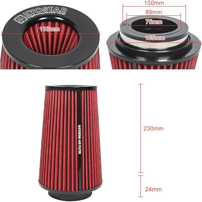 Universal 3/3.5/4" (75/89/100mm) High-Flow Air Filter, Reusable Cone Cold Air Intake, High Performance, Clamp-On Car High Flow Air Kit, Flange Diameter: 3/3.5/4 Inch, Height: 10 Inch, RED