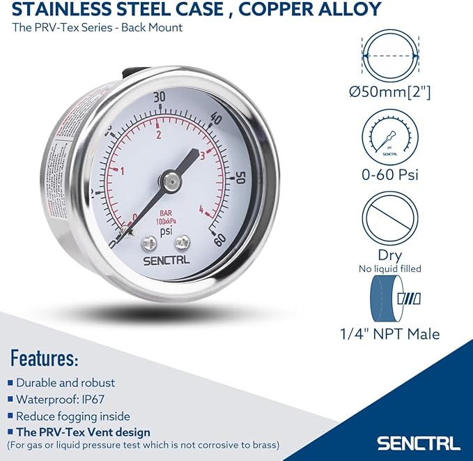 SENCTRL 0-60 Psi Pressure Gauge, 2" Dial, 1/4 NPT Back Mount, Waterproof, Stainless Steel Case, for Swimming Pool Filter Pump Spa Water Air MTB Tire Pressure Test