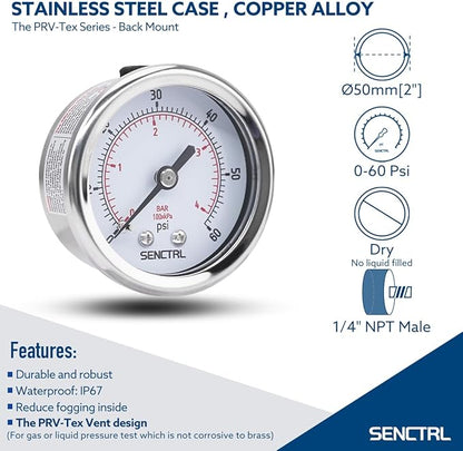 SENCTRL 0-60 Psi Pressure Gauge, 2" Dial, 1/4 NPT Back Mount, Waterproof, Stainless Steel Case, for Swimming Pool Filter Pump Spa Water Air MTB Tire Pressure Test