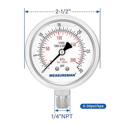 MEASUREMAN Fully Stainless Steel Hydraulic Glycerin Filled Pressure Gauge, 2-1/2" Dial Size,0-30psi/kpa,1/4" NPT Lower Mount