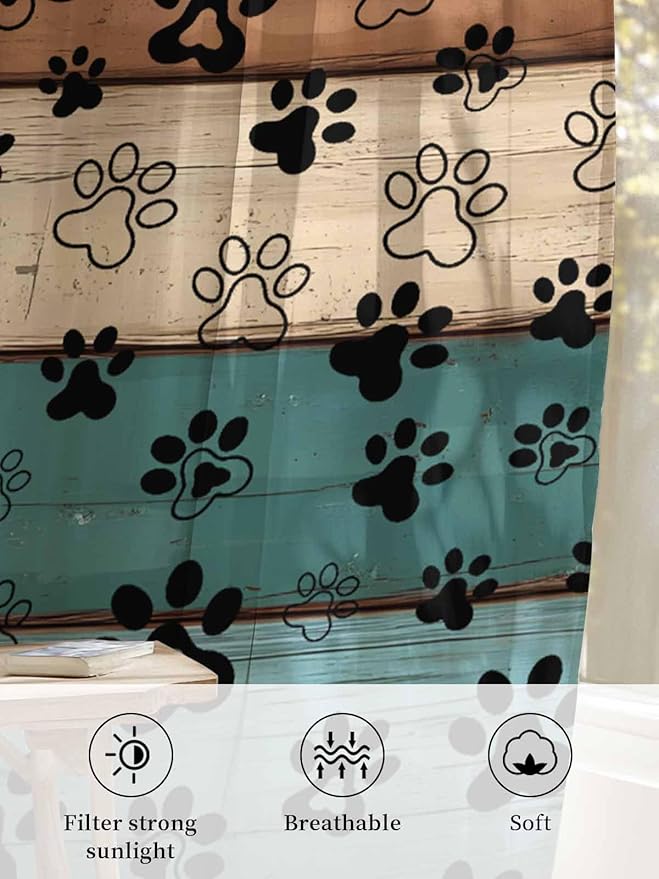 Sheer Curtains 63 Inch Length, Green Brown Paw Print Semi Sheer Curtains Light Filtering Window Treatment, Vintage Farmhouse Country Wooden Grain Privacy Voile Drapes for Living Room 52x63 Inch