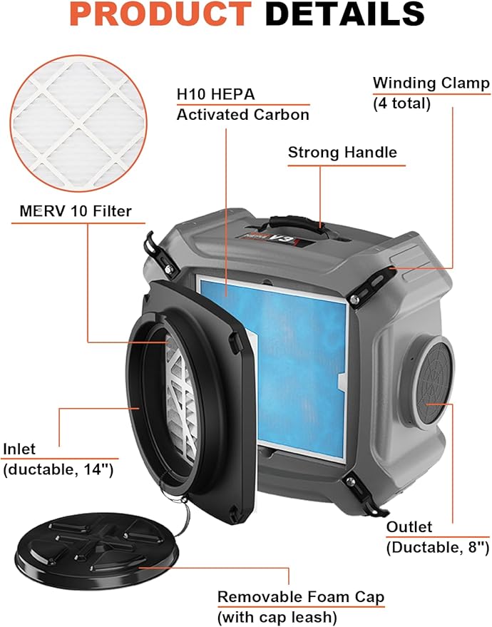 Abestorm Air Scrubbers, Industrial Commercial Air Scrubber with MERV-10 Filter, HEPA/Activated Carbon Filter for Particle Capture, Stackable Negative Air Cleaner Machine, V3