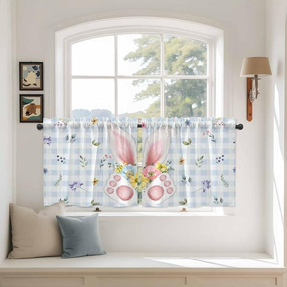 Easter Kitchen Tier Curtains 24 Inch Long 2 Panel Set,Rod Pocket Cafe Small Window Curtains Over Sink,Spring Rabbits Ears Feet Floral Blue Lattice Light Filtering Short Drapes 27.5"W x 24"L