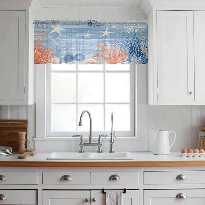 Ocean Corals Sheer Valance Curtains, Summer Beach Coral Sea Stars Blue Stripes Light Filtering Kitchen Valances Rod Pocket Voile Curtain Window Treatment for Bedroom/Living Room/Basement 60Wx18L