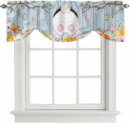 Easter Tie Up Valance Curtains for Windows, Kitchen Curtains Window Shades, Spring Watercolor Bunny Eggs Flower Wood Grain Blue Light Filtering Roman Curtain Valances for Bedroom/Bathroom/Cafe 54"x18"