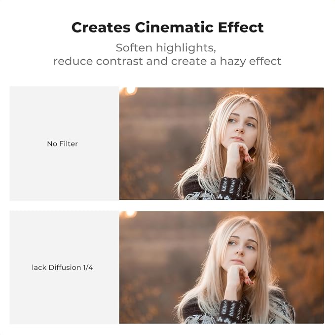 K&F CONCEPT 67mm Clip-on Black Diffusion 1/4 Phone Camera Lens Filter Kit, Mist Cinematic Effect Filter Compatible with iPhone 16 15 14 13 12 11, for Video/Vlog/Portrait Photography
