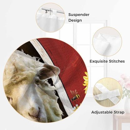 Sheep Flowers Bathroom Curtains 63 Inch Length, Window Curtains Tab Top, Country Red Barn Botanical Sunflowers Light Filtering Window Treatments Drapes 52"x63" 2 Panel