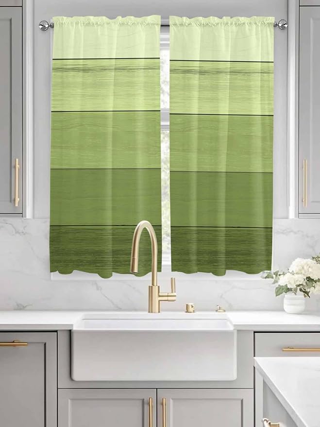 Gradient Green Wooden Board Window Valance Curtains, Retro Country Wood Grain Light Filtering Kitchen Valance with 3-inch Rod Pocket for Living Room Bathroom Bedroom,2 Panel,42x63In