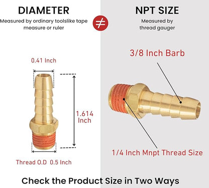 2 Pack Brass Air Hose Barb Fittings Adapter Set, 3/8 Inch Barb to 1/4 Inch NPT Male Pipe, Air Hose Repair Kit Connectors with Sealant