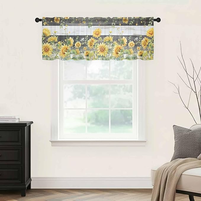 Summer Floral Sheer Valance Curtains, Watercolor Sunflower Eucalyptus Leaves Black Wood Grain Light Filtering Kitchen Valances Rod Pocket Voile Curtain for Bedroom/Living Room/Basement 60Wx18L