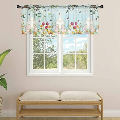 Easter Sheer Valances for Windows 60"x18", Light Filtering Kitchen Curtains Valance, Spring Watercolor Eggs Tulip Wooden Grain Teal Rod Pocket Chiffon Curtains for Living Room Bedroom Cafe