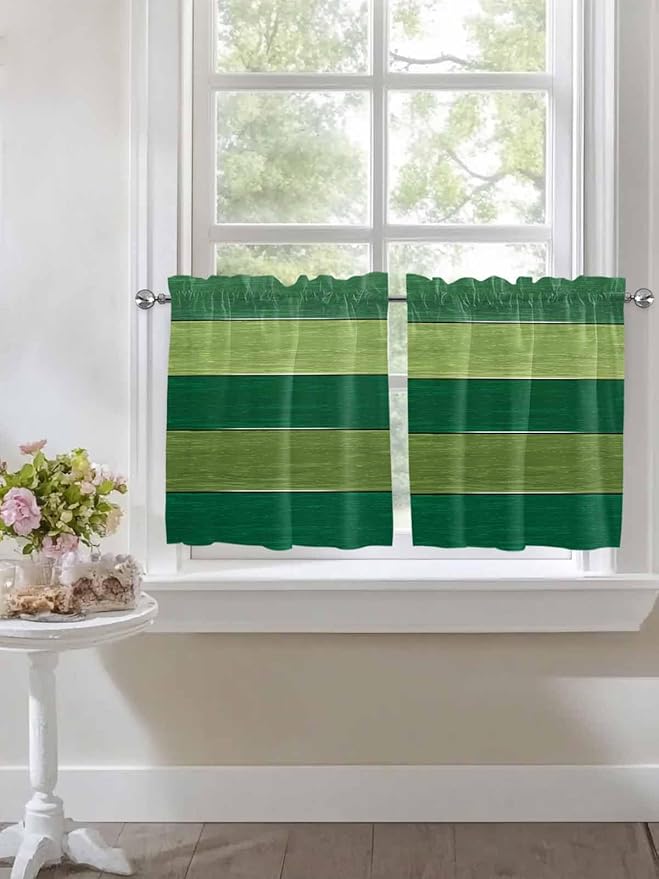 Farm Retro Green Wood Grain Window Valance Curtains, Rustic Wooden Plank Texture Light Filtering Kitchen Valance with 3-inch Rod Pocket for Living Room Bathroom Bedroom,2 Panel,27.5x24In