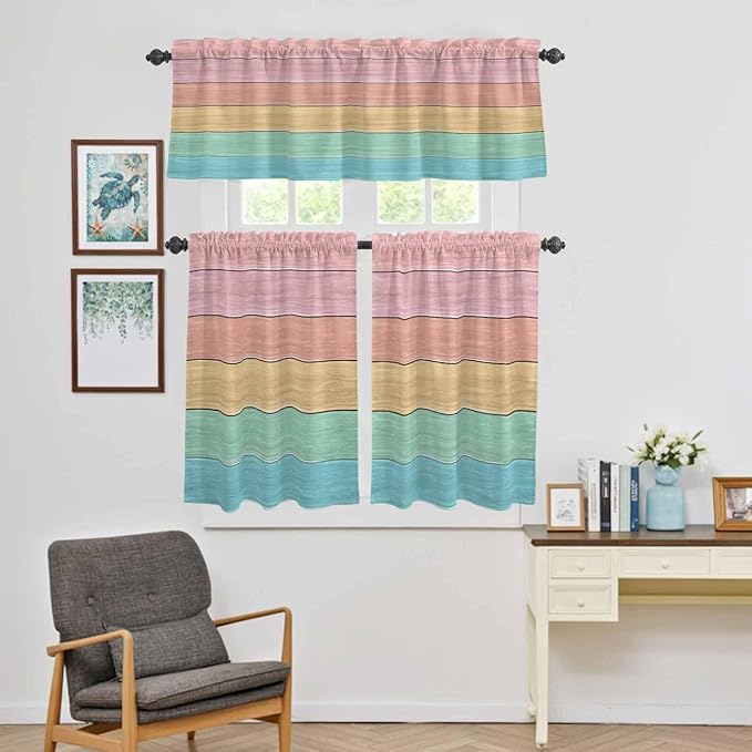 Kitchen Window Curtains Valance and Tier Set, Farm Colorful Wooden Plank Rod Pocket Tier Curtain Valance Set, Rustic Wood Grain Barn Light Filtering Cafe Curtains for Bedroom Living Room