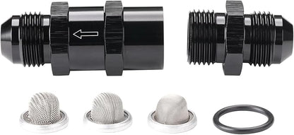 8AN Inline Fuel & Oil Feed Filter Set with 30 80 150 Micron Elements Aluminum Black