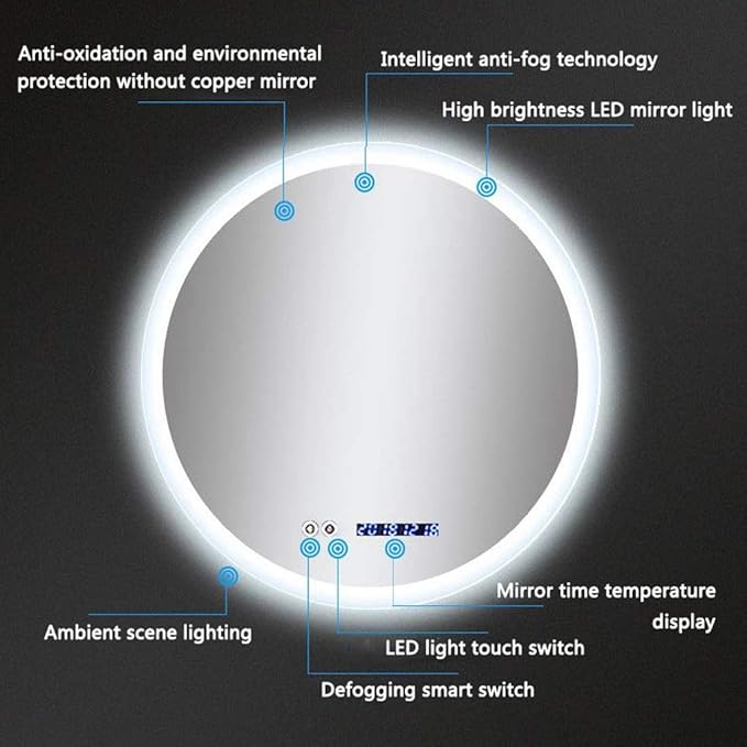 Round LED Bathroom Mirror Demister Pad IP44 Vanity Large Mirror Cold Light Dressing Wall Mirror (Color : Cold Light Size : 60cm) (Cold Light 60cm)