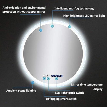 Round LED Bathroom Mirror Demister Pad IP44 Vanity Large Mirror Cold Light Dressing Wall Mirror (Color : Cold Light Size : 60cm) (Cold Light 60cm)