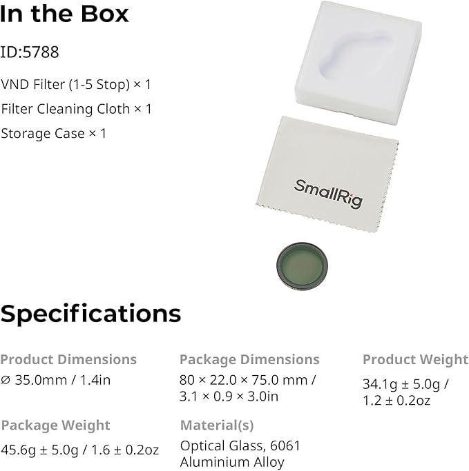 SmallRig Nano VND 1-5 Stop Filter for DJI Osmo Nano, Variable ND2-ND32 Filter, Adjustable ND Filters, Made of Multicoated HD Optical Glass, Includes Storage Case
