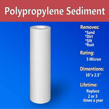 4 Standard Coconut Shell Block Carbon & 4 Four Layers of Filtration Polypropylene Sediment 5 Micron 2.5"x 10" Water Filter Cartridges Universal replacement for Reverse Osmosis & Standard 10” Housing
