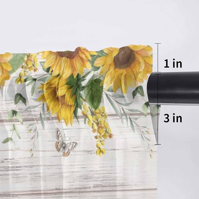 Farmhouses Sunflowers Sheer Valance Curtains, Retro Floral Leaves Red Truck Wood Grain Light Filtering Kitchen Valances Rod Pocket Voile Curtain Treatment for Bedroom/Living Room/Basement 60Wx18L